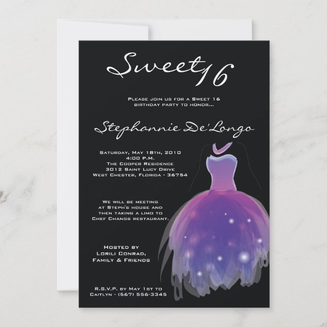 5 x 7 Lila Dress Sweet 16 Birthday-inbjudan Inbjudningar (Framsida)