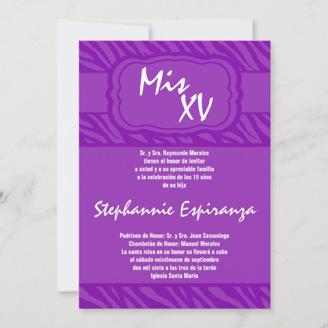 5 x 7 Lila Zebra tryck Quinceanera 15-inbjudan Inbjudningar (Framsida)