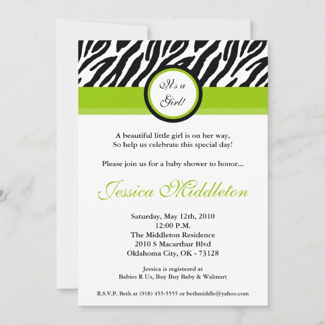 5 x 7 Lime Green Zebra tryck Baby Shower-inbjudan Inbjudningar (Framsida)