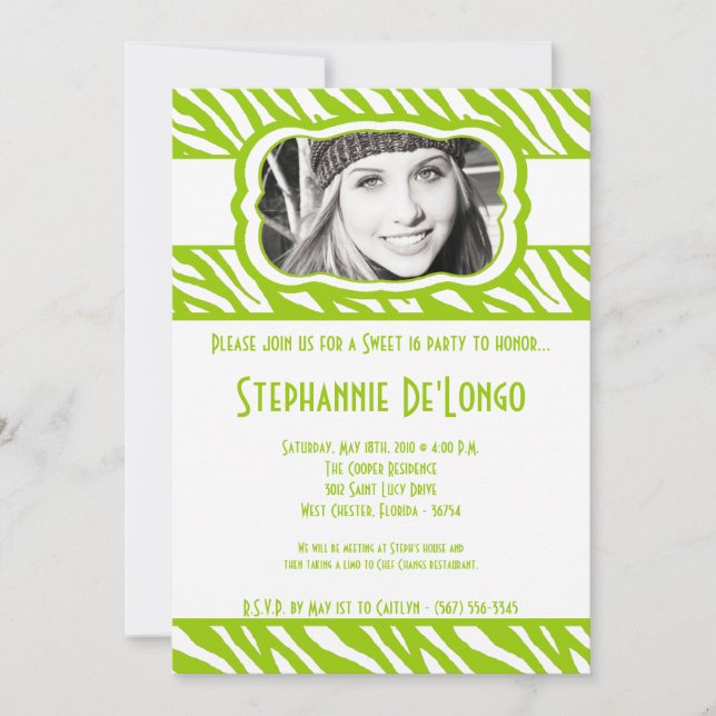5 x 7 Lime Zebra PHOTO Sweet 16 födelsedagsinbjuda Inbjudningar (Framsida)
