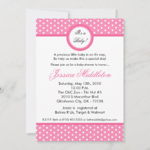 5 x 7 Ljus rosa inbjudan till Polka Dot Baby Showe