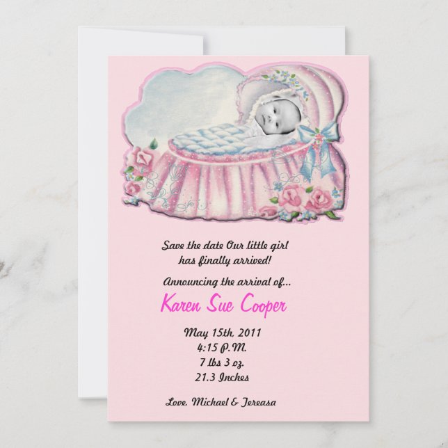 5 x 7-meddelande om Rosa av foto och blått basanet Inbjudningar (Framsida)