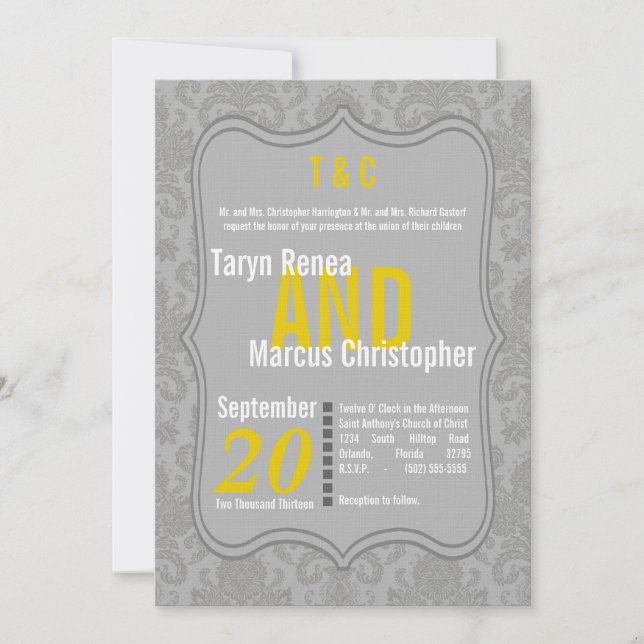5 x 7 Modern Gult Damask-bröllopsinbjudan till Grå Inbjudningar (Framsida)