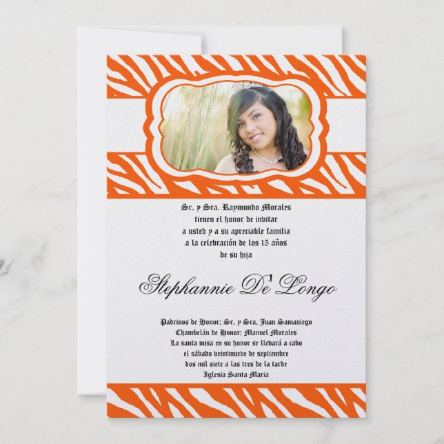 5 x 7 Oran Zebra tryck Patter Quinceanera-inbjudan Inbjudningar (Framsida)