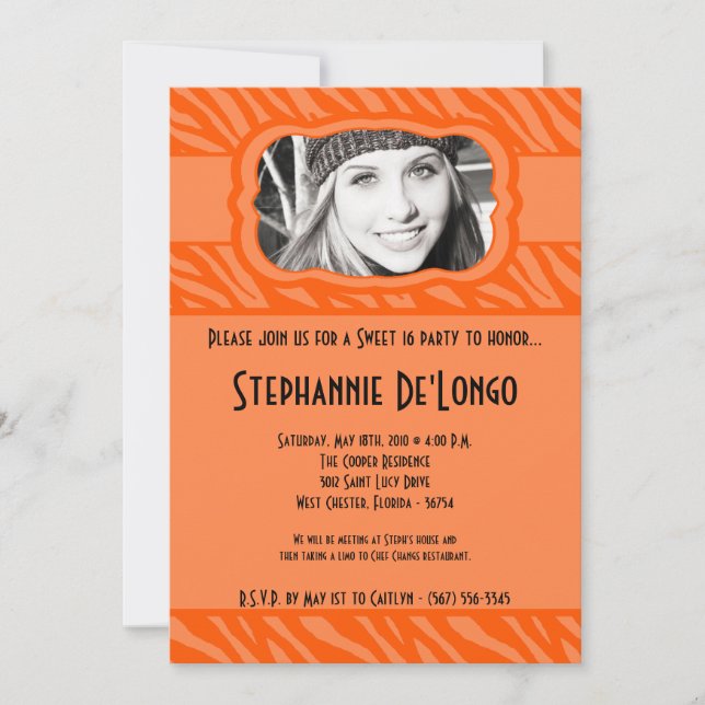 5 x 7 Orang Zebra PHOTO Sweet 16 födelsedagsinbjud Inbjudningar (Framsida)