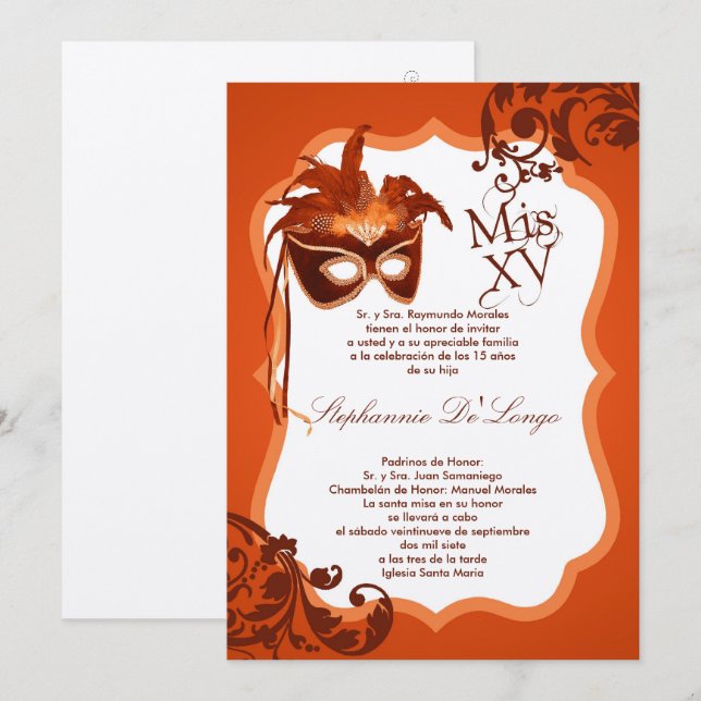 5 x 7 Orange Masquad-mask Quinceanera-inbjudan Inbjudningar (Fram/baksida)