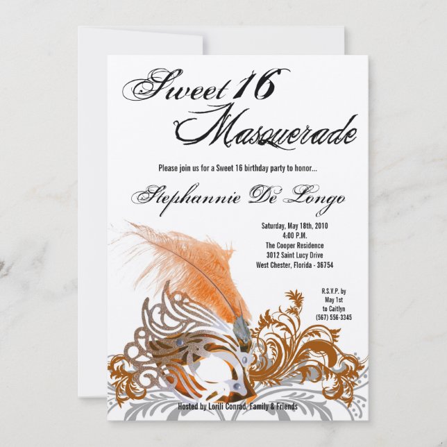 5 x 7 Orange Masqueraupplysta Uppmaning 16 födelse Inbjudningar (Framsida)