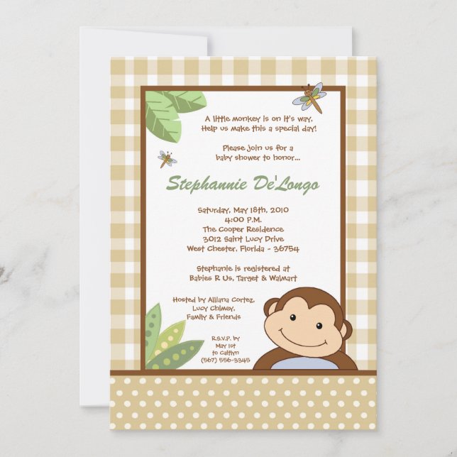 5 x 7 Papagayo Monkey Safari Baby Shower-inbjudan Inbjudningar (Framsida)