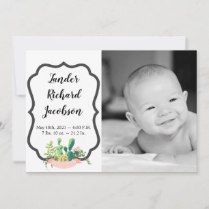 5 x 7 Photo Birth Anouncement Army Bohemian Cactus Meddelande