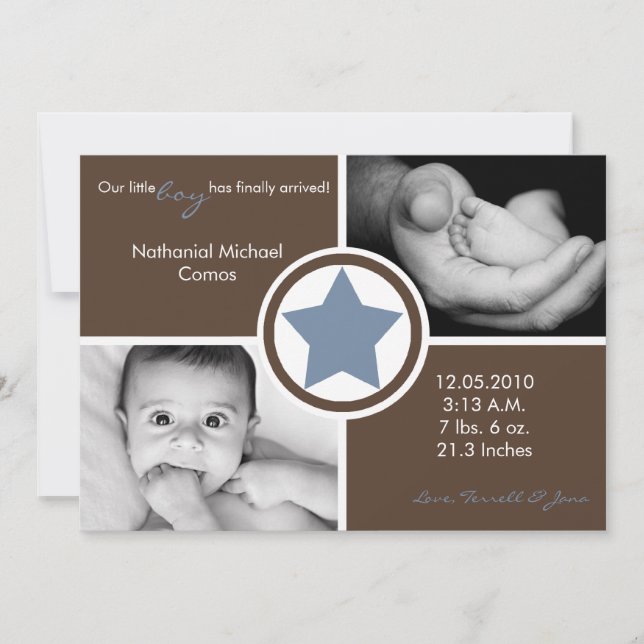5 x 7 Pojke Blue Star Foto Birth Notice Meddelande (Framsida)