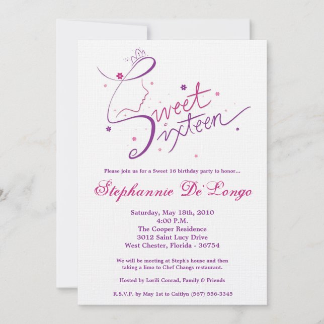 5 x 7 Princess Girl Sweet 16 Birthday bjudande Inbjudningar (Framsida)