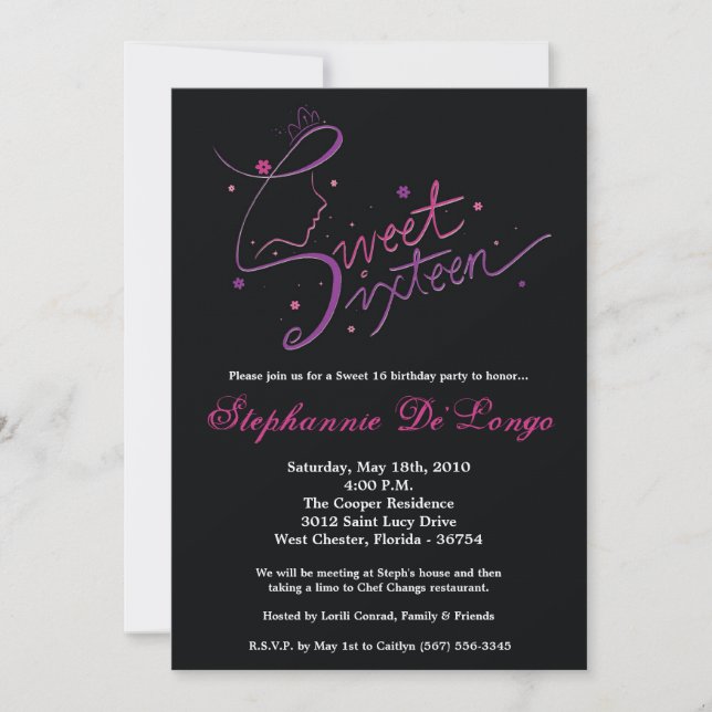 5 x 7 Princess Girl Sweet 16 Birthday bjudande Inbjudningar (Framsida)