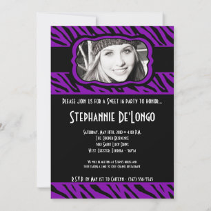 5 x 7 Purpl Zebra PHOTO Sweet 16 födelsedagsinbjud Inbjudningar