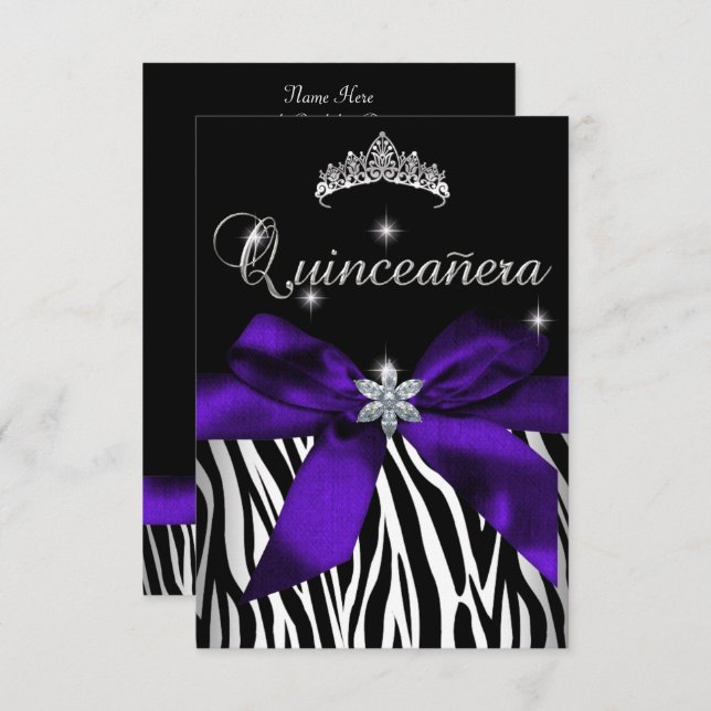 5 x 7 Quinceanera Lila Zebra Black White Inbjudningar (Fram/baksida)