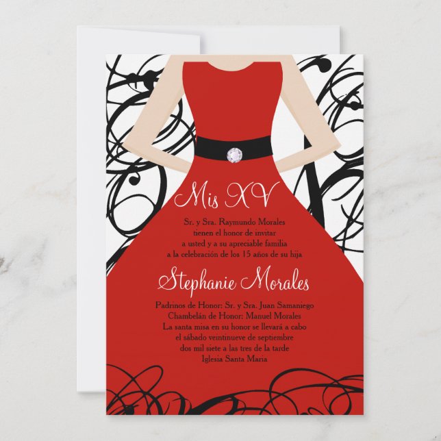 5 x 7 Red Dress Quinceanera Birthday-inbjudan Inbjudningar (Framsida)