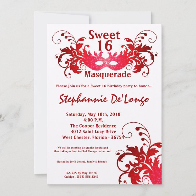 5 x 7 Red Masquad Sweet 16 Birthday-inbjudan Inbjudningar (Framsida)