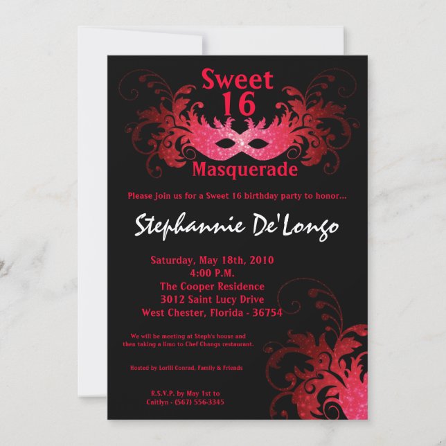 5 x 7 Red Masquad Sweet 16 Birthday-inbjudan Inbjudningar (Framsida)