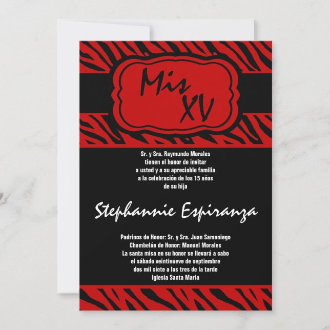 5 x 7 Red Zebra tryck Quinceanera 15-inbjudan Inbjudningar (Framsida)