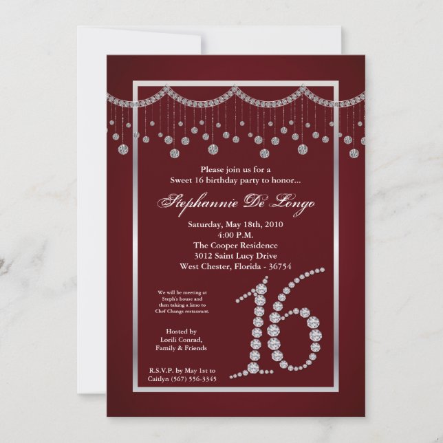 5 x 7 Röd diamant Sweet 16 Birthday-inbjudan Inbjudningar (Framsida)