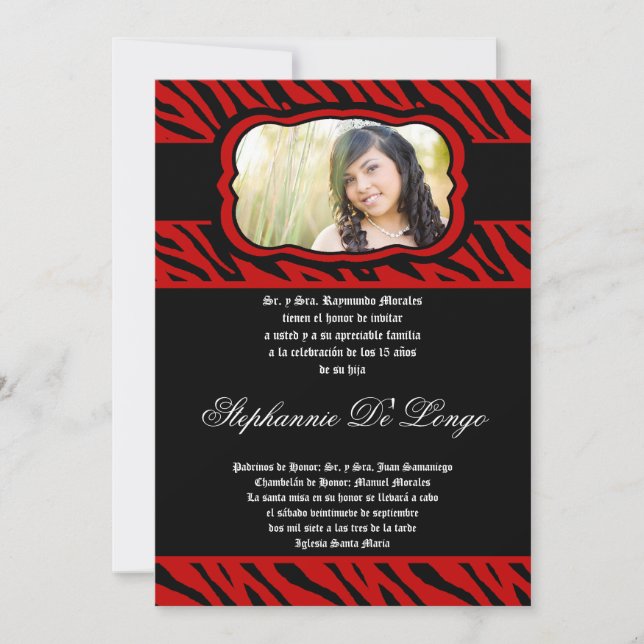 5 x 7 Röd inbjudan till Quinceanera Zebra tryck (Framsida)