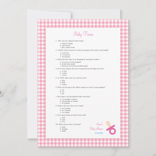 5 x 7 Rosa Baby Trivia Shower Game (Framsida)