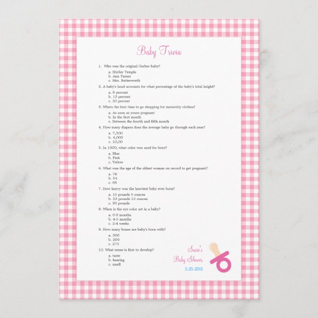 5 x 7 Rosa Baby Trivia Shower Game (Framsida)