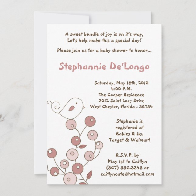5 x 7 Rosa Bird Retro Bush Baby Shower-inbjudan Inbjudningar (Framsida)