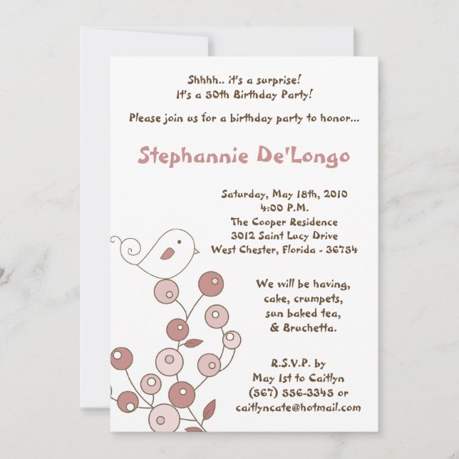 5 x 7 Rosa Bird Retro Bush Födelsedagsfest inbjuda Inbjudningar (Framsida)