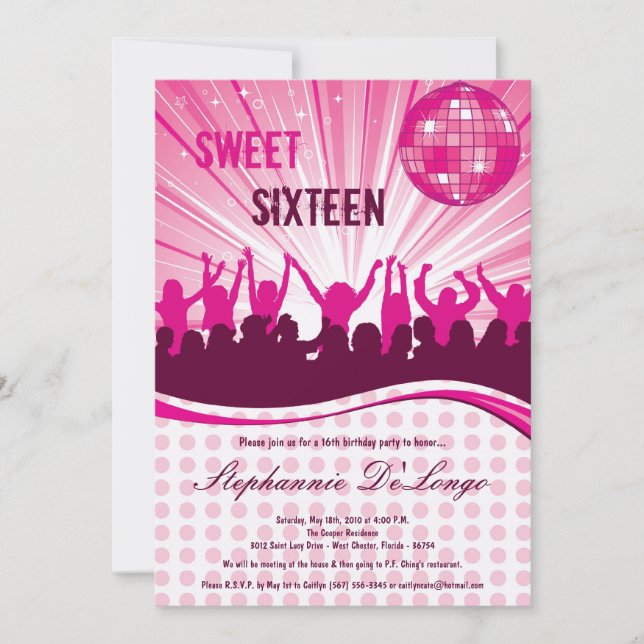 5 x 7 Rosa Dance Party 16:e födelsedagsinbjudan Inbjudningar (Framsida)