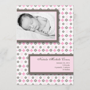 5 x 7 Rosa Fleur De Li Photo Birth Notice Meddelande