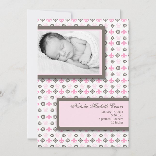 5 x 7 Rosa Fleur De Li Photo Birth Notice Meddelande (Framsida)