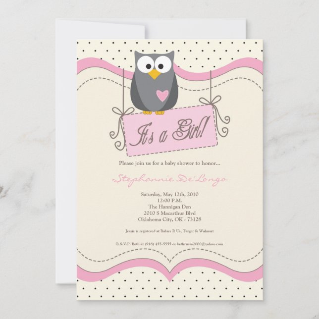 5 x 7 Rosa Hoot Uggla Woodland Baby Shower-inbjuda Inbjudningar (Framsida)