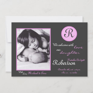 5 x 7 Rosa Monogram första fotofödelsemeddelande Meddelande