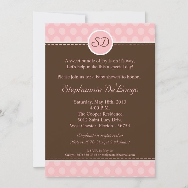 5 x 7 Rosa Monogram Polka Dot Baby Shower-inbjudan Inbjudningar (Framsida)