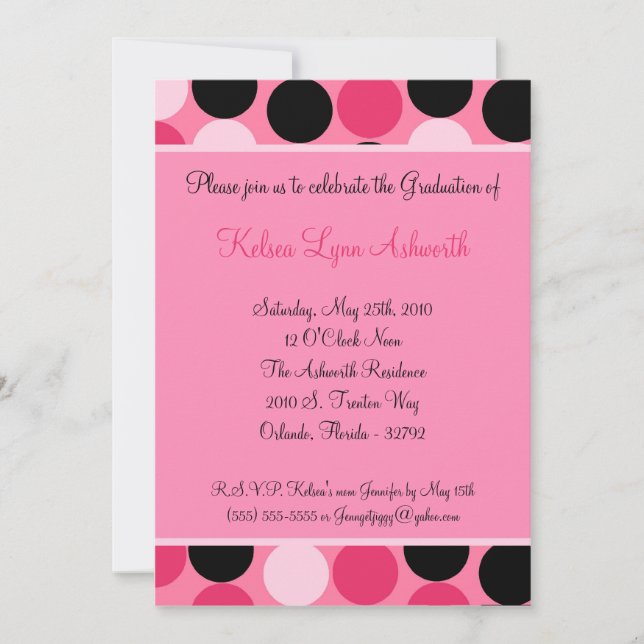 5 x 7 Rosa Polka Dot Studenten inbjudan Announcem (Framsida)