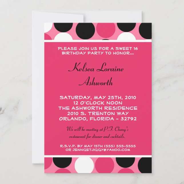 5 x 7 Rosa Polka Dot Sweet 16 Birthday-inbjudan Inbjudningar (Framsida)