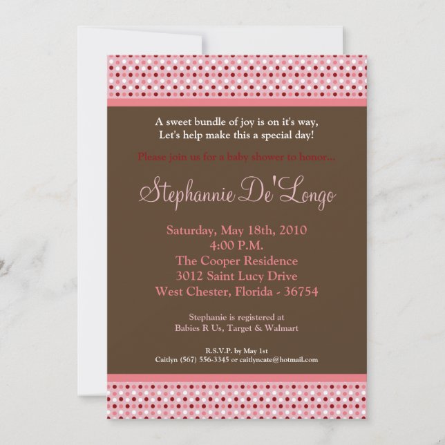 5 x 7 Rosa Sweetheat PolkaDot Baby Shower-inbjudan Inbjudningar (Framsida)