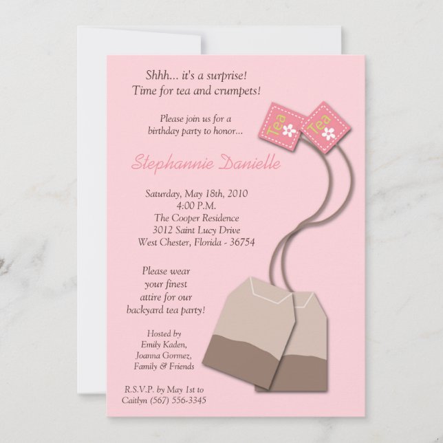 5 x 7 Rosa Tea Bag Tea Party födelsedagsinbjudan Inbjudningar (Framsida)