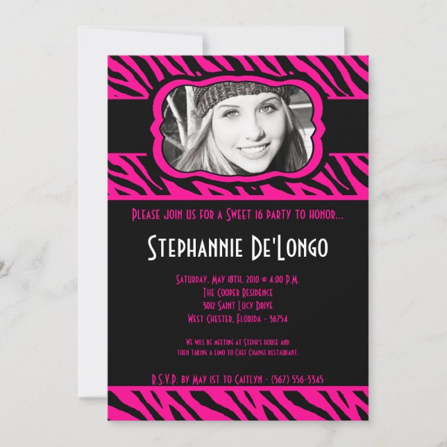 5 x 7 Rosa Zebra PHOTO Sweet 16 födelsedagsinbjuda Inbjudningar (Framsida)