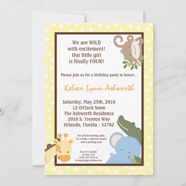 5 x 7 Safari Jungle ZooAnimal Birthday-inbjudan Inbjudningar (Framsida)