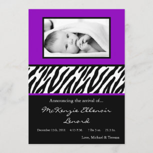 5 x 7 Svart Lila Zebra PHOTO Birth Notice Meddelande