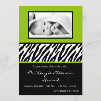 5 x 7 Svart LimeGreen Zebra PHOTO Birth-meddelande Meddelande