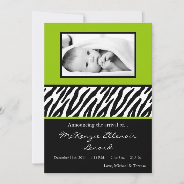 5 x 7 Svart LimeGreen Zebra PHOTO Birth-meddelande Meddelande (Framsida)