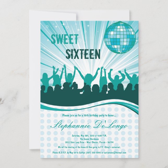 5 x 7 Teal Dance Party 16:e födelsedagsinbjudan Inbjudningar (Framsida)
