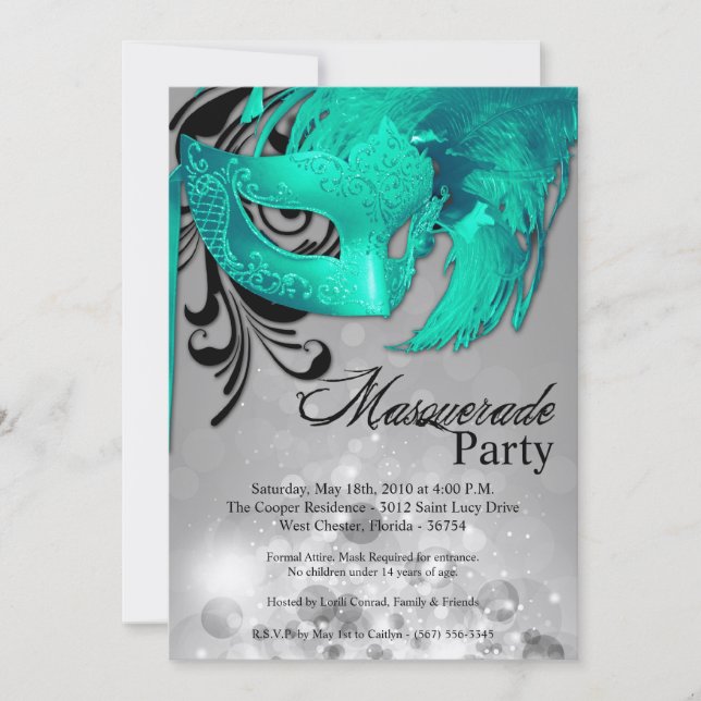 5 x 7 Teal Masquad Sweet 16 födelsedagsinbjudan Inbjudningar (Framsida)