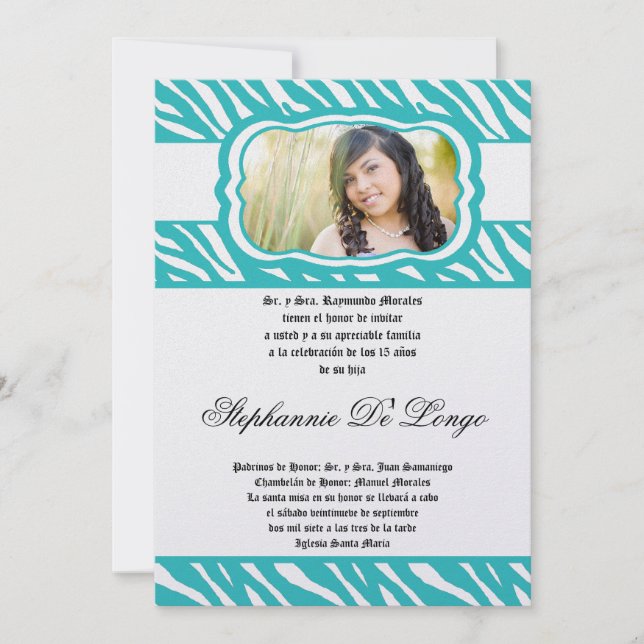 5 x 7 Teal Zebra tryck Patter Quinceanera-inbjudan Inbjudningar (Framsida)