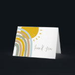 5 x 7 tum Sunshine Pastel Rainbow tackkort Kort<br><div class="desc">Det här första födelsedagskalortet är ett snabbt pastellblått och senapsregnbåge med komplimang till sol och ett elegant-skriptteckensnitt. Det här är perfektens födelsedagskalas tack för din bohemi,  sommar eller trädgård firande.</div>