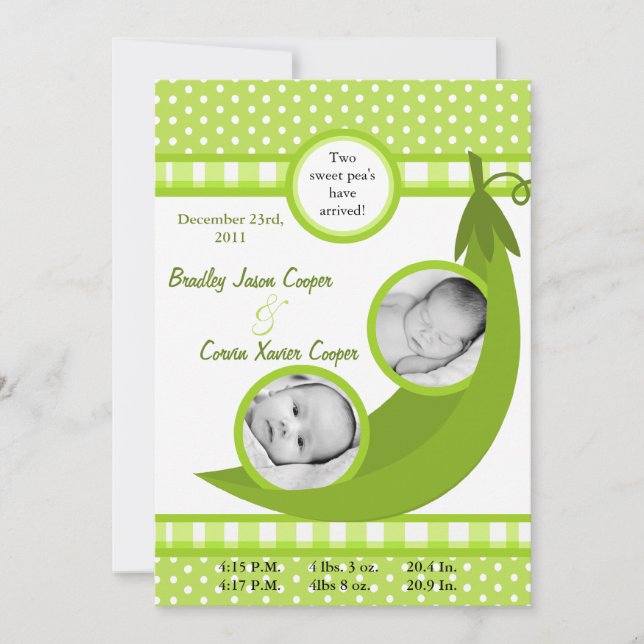 5 x 7 Twillingar Pea i ett Pod PHOTO Birth-meddela Meddelande (Framsida)