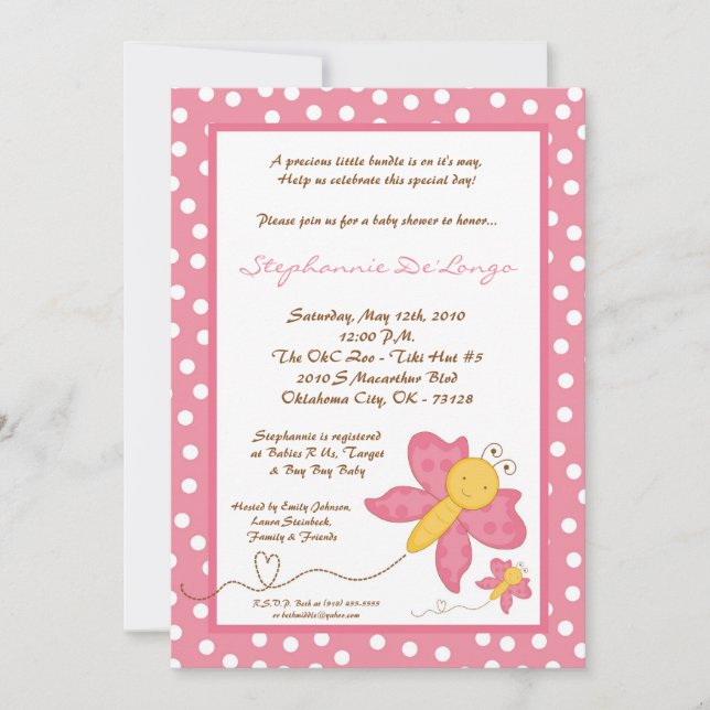 5 x 7 Vår Rosa Butterfly Baby Shower-inbjudan Inbjudningar (Framsida)