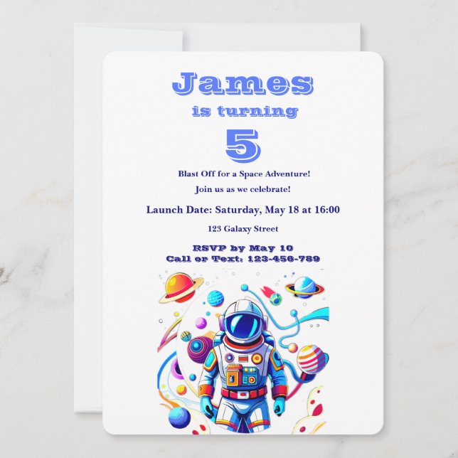 5 Year Old Space Birthday Custom Astronaut Orbit  Inbjudningar (Framsida)